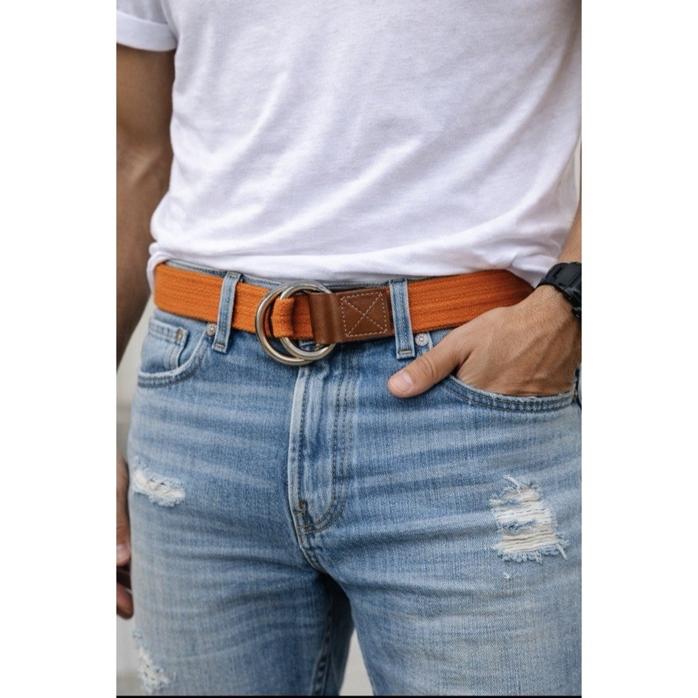 Timberland D Ring Orange Fabric Leather Detail Vintage Men Belt Size S/M 39" NWT
